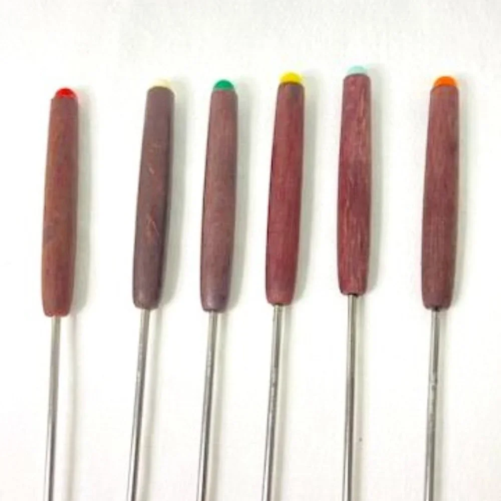 Vtg Fondue Forks Skewers Set of 6 Wood Handle Colored‎ Tips MCM Retro Mod
